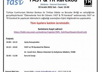 Türkiye Cumhuriyet Merkez Bankası ile Türkiye Odalar ve Borsalar Birliği ev sahipliğinde gerçekleştirilecek “Ödemelerde Yeni Bir Dönem: FAST & TR Karekod” webinarında; FAST ve TR Karekod ile yapılacak ödemelerin sağladığı avantajlara ilişkin bilgilendirme yapılacaktır.Tüm üyelere katılım ücretsizdir.