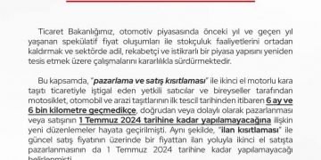 T.C. Ticaret Bakanlığı’ndan “Otomotiv Ticaretinde 6 Ay – 6 Bin Kilometre ve İlan Kısıtlaması” Düzenlemelerinde Süre Uzatılıyor